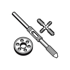 Thread Tap and Die Set Vector Illustration – Black and White Technical Drawing of Threading Tools for Metalworking and Mechanical Engineering