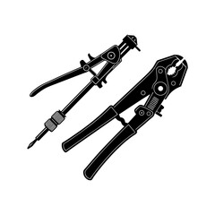 Wire Stripper and Rivet Gun Vector Illustration – Black and White Drawing of Electrical and Fastening Tools for Technicians and Mechanics