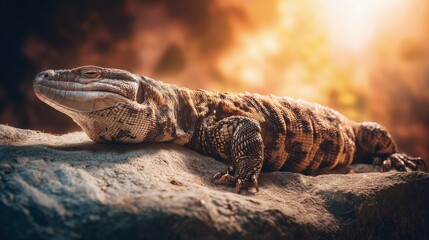 An agile tegu basking lazily in sunlight scales shimmering softly exotic pet