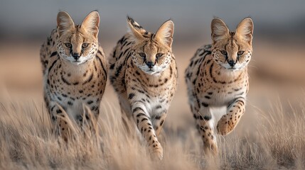 Three playful servals frolicking joyously across grasslands manes flowing freely exotic pet