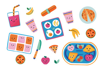 Playful Breakfast Selection: Delightful cartoon illustrations showcase a vibrant assortment of breakfast treats, a cheerful spread with smiling food elements that bring the warmth of morning.