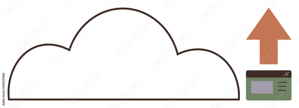 Poster cloud outline, upward arrow, small web interface window. ideal for technology, data management, clou