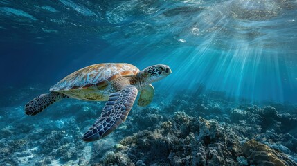 Fototapeta premium A sea turtle gliding through crystal-clear ocean waters reptiles in their serene underwater world sun rays piercing through