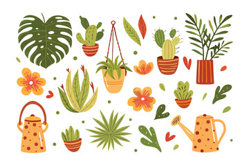 Botanical Abundance: An array of beautifully rendered potted plants, cacti, flowers, and watering cans in a vibrant, inviting illustration.