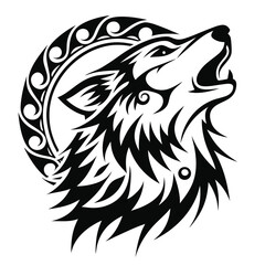 Detailed tribal tattoo of a howling wolf with circular ornate frame against white backdrop