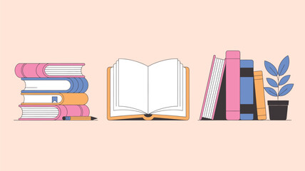Vector art of stack of books and open book with plant on shelf, flat illustration