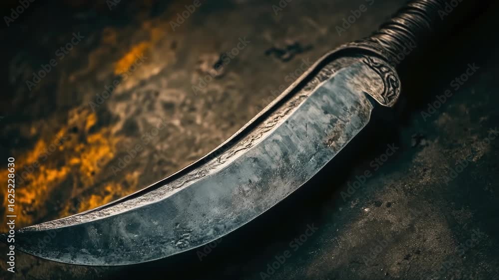 Poster A sharp and menacing large knife placed on a table, ready for use