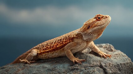 A bold bearded dragon basking regally atop rocks spines erect proudly exotic pet