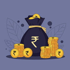 A bag of indian rupees coins and currency notes symbolizing wealth and financial prosperity
