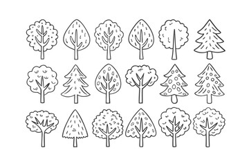 Varied Trees Outline: A monochrome array of different trees, perfect for various design applications and offering a clean, adaptable aesthetic. 