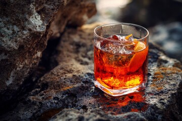 Cocktail Drink with Ice and Orange on Rock