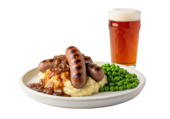 Bangers and Mash with Gravy, Peas and a Pint of Beer on White