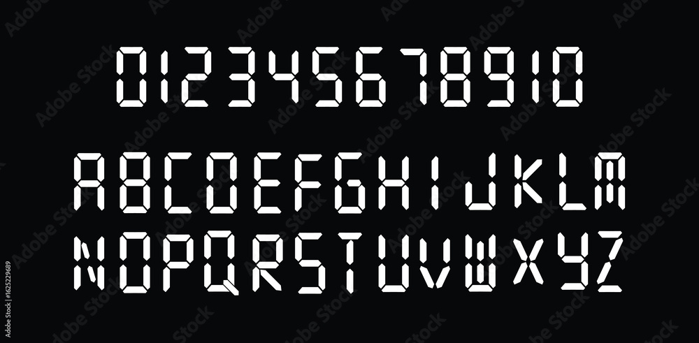 Poster digital letters and numbers vector set | segmented led display alphabet and numerals. digital alphab