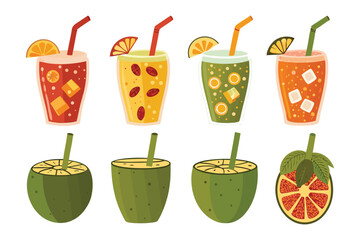 Refreshing Beverage Array: A vibrant collection of fruit smoothies and refreshing drinks tantalize, alongside nature's bounty of fresh fruit to quench your thirst and rejuvenate the senses.