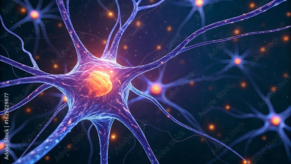Poster illustration of a neuron, a nerve cell responsible for transmitting information in the brain and ner