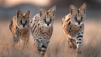 Obraz premium Three playful servals frolicking joyously across grasslands manes flowing freely exotic pet