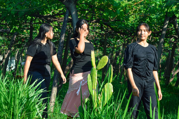 The girls walk slowly along a vineyard path, observing the surroundings and enjoying the warmth of...