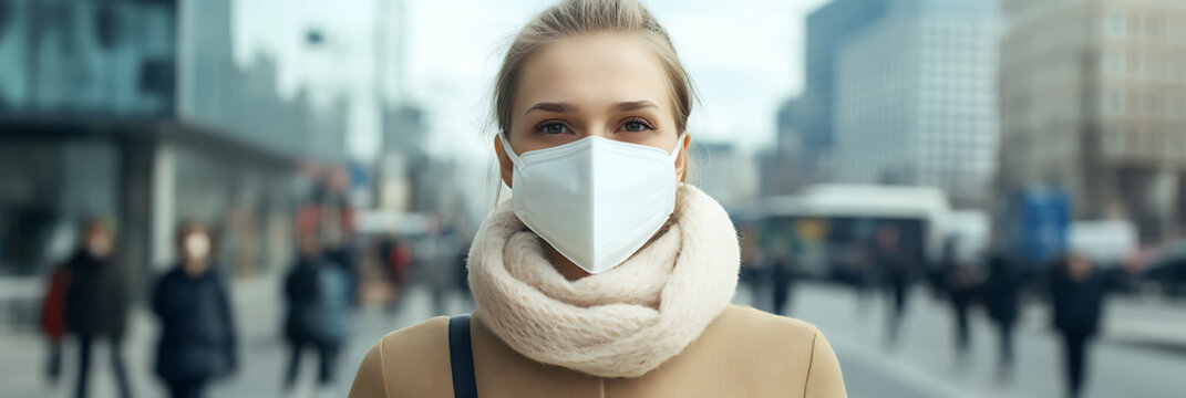 A woman wearing a protective face mask walking through a city to protect herself from illnesses, while a bus passes by in the background.