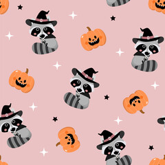 Happy halloween seamless pattern and background with spooky pumpkin wear witch hat ant cute raccoons. Holidays cartoon character wallpaper. -Vector © Dusida