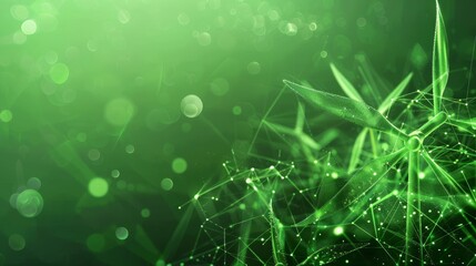 Futuristic green banner with an abstract plexus network representing a wind turbine for renewable and sustainable energy.