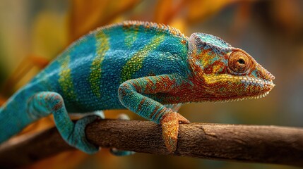 Fototapeta premium An exotic pet chameleon perched on a branch vibrant colors blending into its surroundings