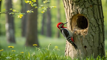 Vibrant Woodpecker with Freshly Carved Nest in Lush Woodland Forest
