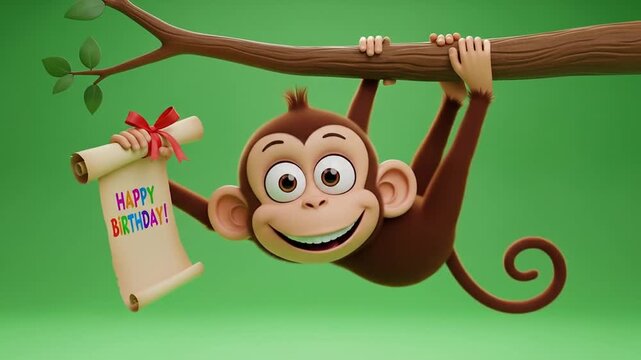 Monkey Hanging with Birthday Scroll - Green Screen Background