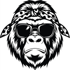 Black and white gorilla face wears sunglasses and a dotted bandana tied around head