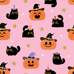 Happy halloween seamless pattern and background with spooky pumpkin wear witch hat ant cute black cats. Holidays cartoon character wallpaper. -Vector