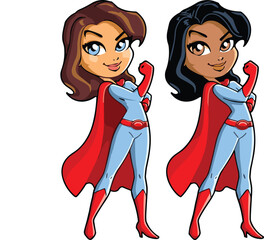 Confident female superheroes in cartoon style, powerful women in red capes and blue suits, standing strong, isolated on white background © Ponkaj Creatives