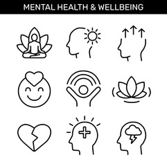Mental health and wellbeing outline icons. Meditation, emotional balance, self-growth, mental clarity, anxiety, psychological support, broken heart, brain recovery, sadness
