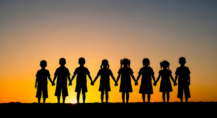 Silhouette of children holding hands at sunset teamwork unity