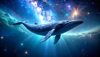 Majestic blue whale swims through a celestial sea of stars and nebulae