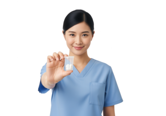 Asian Woman Nurse Holding Pills, White Background
