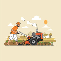 Farmer cultivating field with power tiller in rural landscape