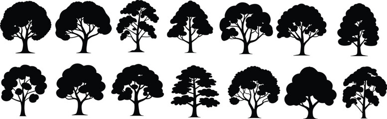 Fototapeta premium Tree Silhouettes, Black Vector Foliage Icons, Diverse Tree Shapes, Nature Illustration Set, Forest Graphics, Adobe Stock Botanical Design