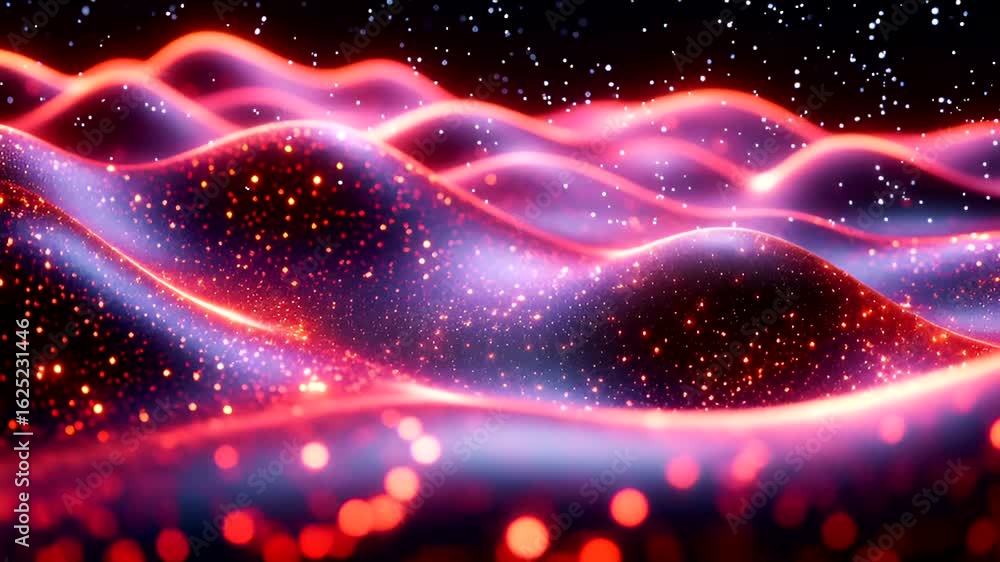 Poster abstract red wave background with glowing particles creating a dreamy landscape