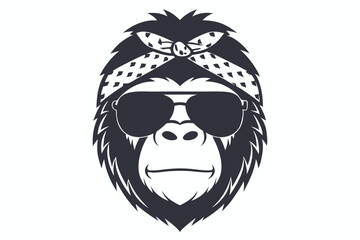 Cool gorilla head with sunglasses and a bandana is presented in black