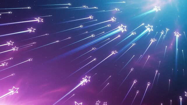 Glowing star streaks ascend through a cosmic nebula with sparkling particles creating a magical celestial background 4K Ai HD video.
