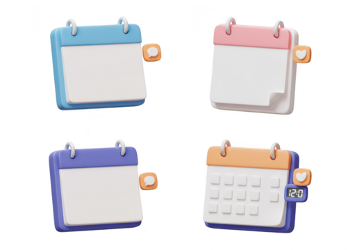 Photo of a set of four colorful calendar icons are displayed isolated on transparent background, representing scheduling, reminders, and social media notifications