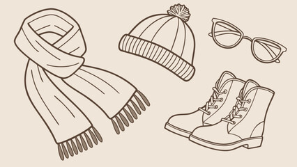 Naklejka premium Illustration of a scarf, hat with pompom, glasses, and a pair of boots arranged on a light background