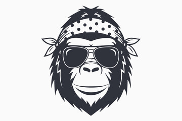 Gorilla face wearing sunglasses and dotted bandana displays a cool, confident monochrome style