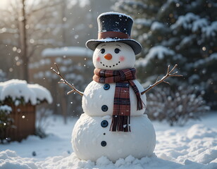 Obraz premium Charming Snowman in Winter Wonderland With Colorful Scarf and Top Hat