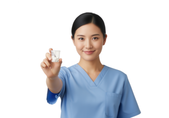 Asian Female Nurse Holding Syringe, Isolated on White