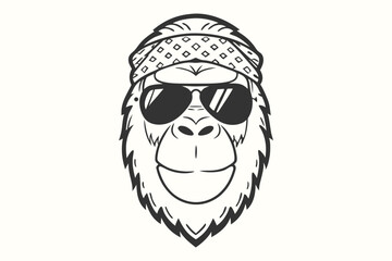 Cool gorilla portrait wearing sunglasses and patterned bandana exudes a confident vibe