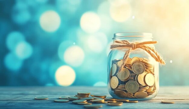 The diversification of savings is illustrated through jars filled with flowing coins, each representing