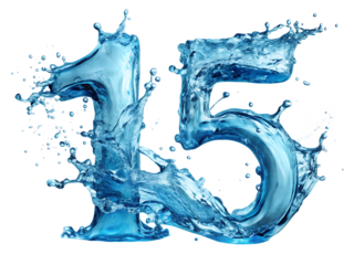 Number 15 formed from dynamic blue water splashes and droplets isolated on a transparent background liquid