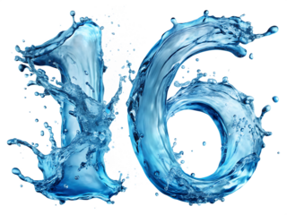 Number 16 formed from dynamic blue water splashes and droplets isolated on a transparent background sixteen
