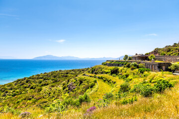 Faros Ikaria island, Greece small village stone house at Aegean Ikarian sea of Mediterranean in longevity blue zone with view of Fournoi islands