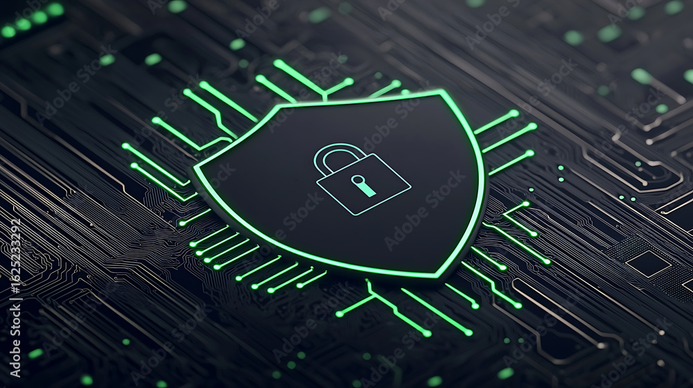 Poster digital shield: cybersecurity protection. lock icon on a dark circuit board. concept for data protec